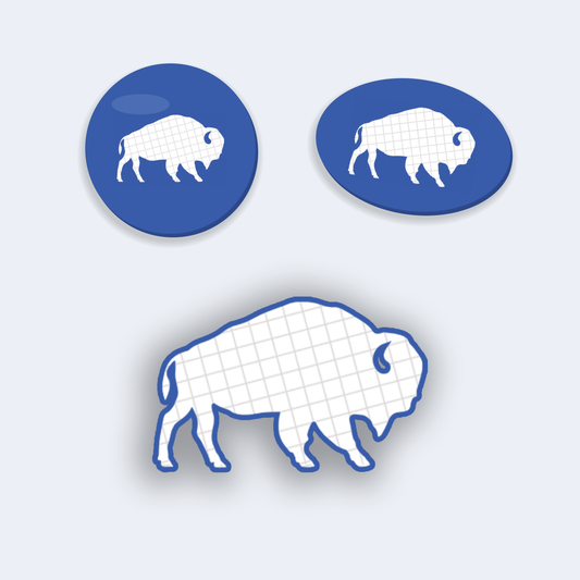 Custom die cut magnets: a circle, an oval and a die-cut bison